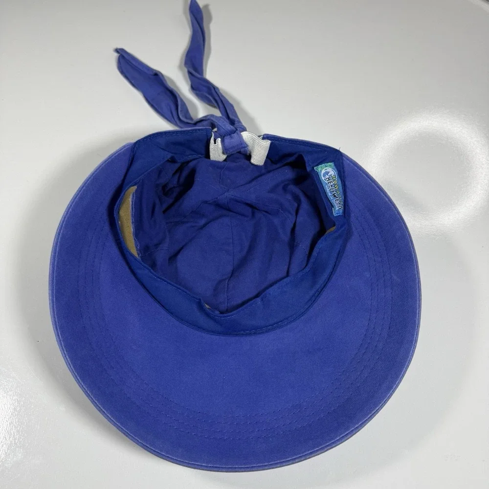 Hawaiian Headwear Vintage Hawaii Sun Hat Blue Canvas Wide Brim Floral Tie Back